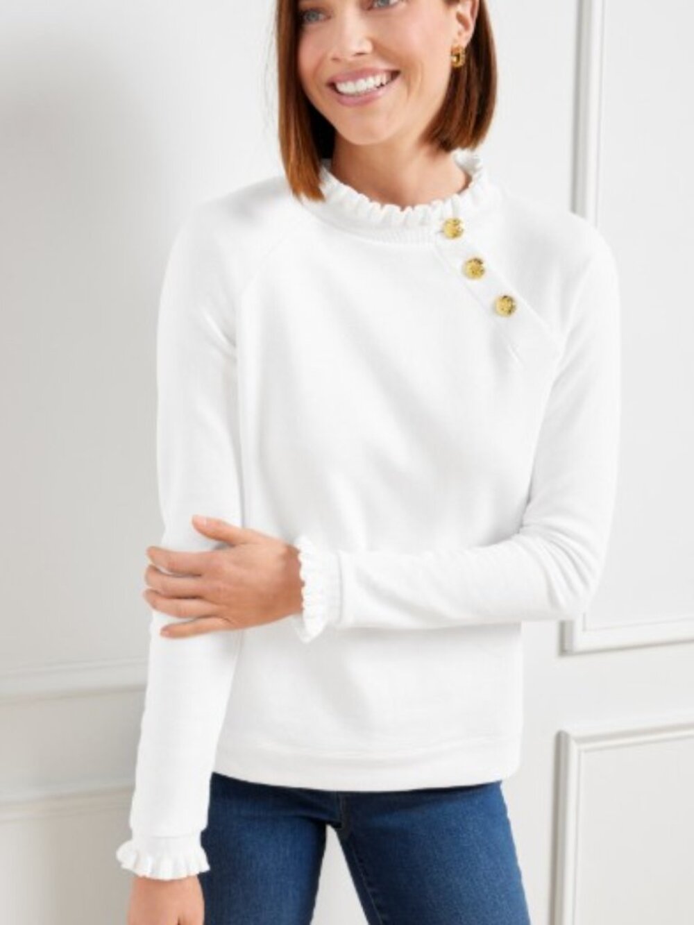 Talbots Ruffle Trim Raglan Sleeve Sweatshirt Small White Cotton NEW WITH TAGS